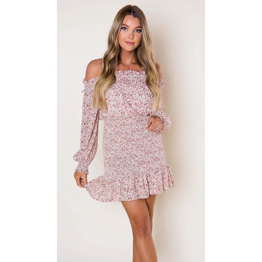 NWT Beige/Red Printed off the shoulder dress